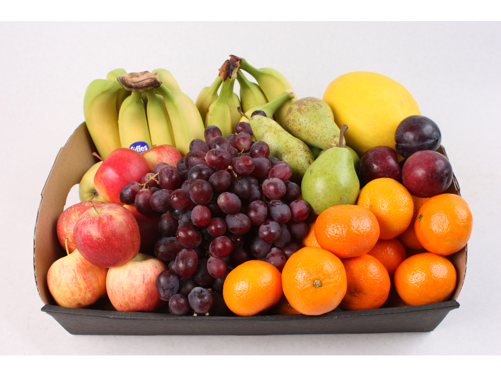 Frugt kasse nr. 12 (60 stk. frugt, 0,5 kg. druer, 1 melon)